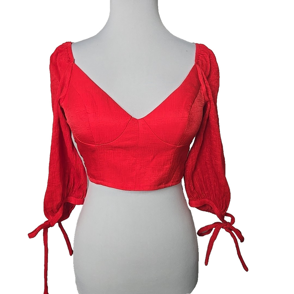 Saints Secrets‎ Red Crop Top 3/4 Ballon Sleeves, Open & Tie Back Size XS